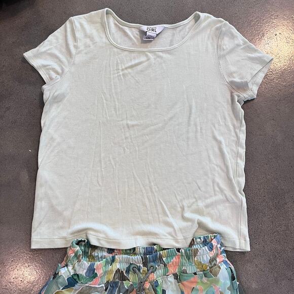 Athleta Girl light green tshirt mosaic color running shorts girls L size 12 set - Picture 2 of 7